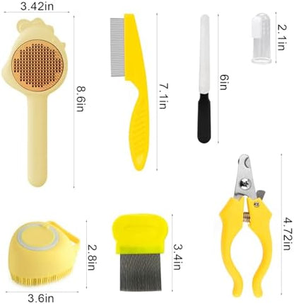 VCZONE 8 Pcs Cat Brush Grooming Kits, Pet Self Cleaning Kit with Pet Nail Clipper and File, Flea Comb, Pet Shampoo Bath Brush, Pet Shedding Brush, Silicone Toothbrush (Yellow) - Image 2