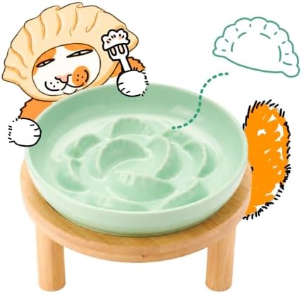 Slow Feeder Cat Bowls with Bamboo Stand, Ceramic Elevated Pet Food Plates for Cats and Small Dogs, Raised Non-Slip Feeder (Green/6.3") by Tafelf