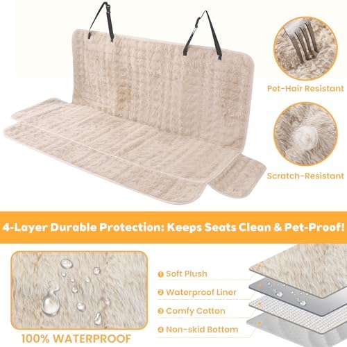 Dog Car Seat Cover, Waterproof Plush Pet Seat Protector, Beige, Back Seat - Image 3