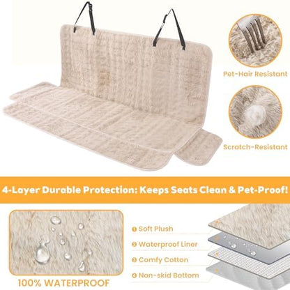 Dog Car Seat Cover, Waterproof Plush Pet Seat Protector, Beige, Back Seat - Image 3