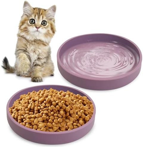 Silicone Cat Food Bowls Shallow Cat Dishes 5.9in Wide Pet Plates Set of 2 Small Flat Dog Saucer Bowl Cute Whisker Fatigue Kitten Feeding Dish for Dry & Wet Food (Round Purple) by Apatal