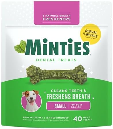 Minties Dog Dental Bone Treats, Tiny/Small Dental Dog Treats, 16 Ounces, Cleans Teeth, Fight Bad Breath, Removes Plaque and Tartar, 40 Count by Minties