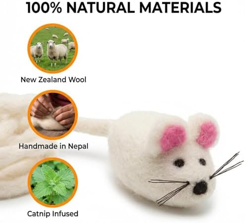 Glaciart One Felt Mouse Cat Toy – Soft Fuzzy Enrichment 100% Natural Wool - Interactive Catnip Play Cat Toy Set - Safe for Pets, Non-AZO Colored Dyes - 42” Long - Image 4