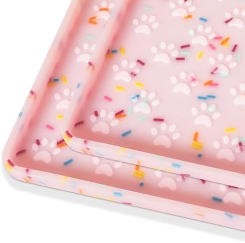 2 Pack Dog Food Mat Anti-Slip Dog Bowl Mats for Food and Water, Waterproof Pet Placemat Prevents Messy Spill to Floor, Silicone Puppy Feeding Tray for Small, Medium and Large Dogs Cats, Pink Dount by PTLOM