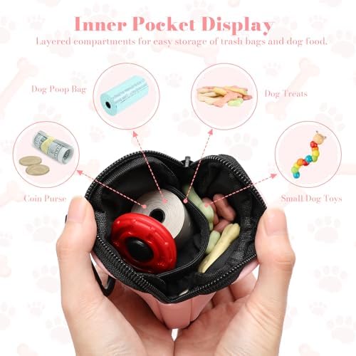 Dog Treat Pouch with Training Clicker,Waterproof Nylon Fabric Poop Bag Holders for Leashes,Hands Free Small Dog Walking Bag with Carabiner, Pet Puppy Training Walking Essentials (Pink) - Image 3