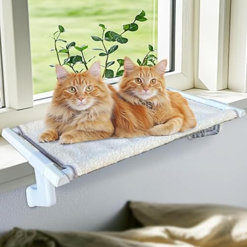 Cat Bed Window Sill Perch,Adjustable Cat Bedside Hammock Metal Frame Kitten Shelf Windowsill for Indoor Large Heavy Cats No Drilling Window Sill Extender for Pets (White, M) by Unknown