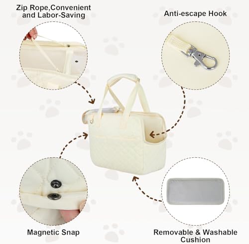 YooxArmor Dog Purse Carrier for Small Dogs & Cats, Foldable Soft Tote for 5-14lbs Pets, Large Pockets, Safety Leash & Removable Mat for Walking Shopping Outdoor, White - Image 4