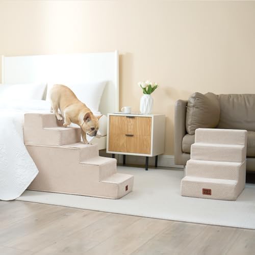 EHEYCIGA Dog Stairs for High Bed 22.5" H, 5-Step Dog Steps, Beige - Image 4