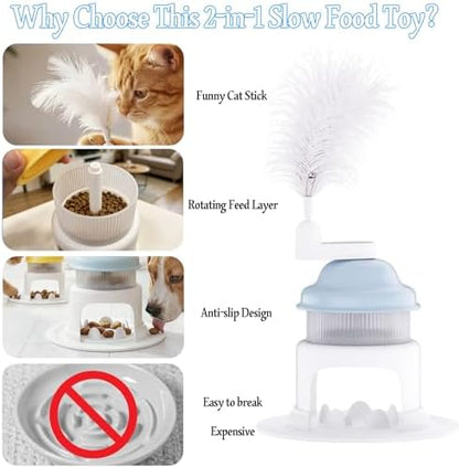 Cat Slow Feeder Toy with Feather Teaser, Interactive Puzzle Feeder for Cats, Mental Stimulation Foraging Toy, Suitable for Dry & Wet Food(Green) - Image 3