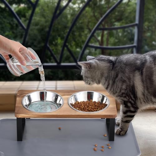 Upgraded Elevated Cat Bowls with Food Mat,15°Tilted Stand Anti Vomiting Raised Cat Dishes for Food and Water,2 Stainless Steel Bowls for Cats and Puppy（Rustic Brown） - Image 7