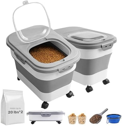 SEWIU Dog Food Storage Container Up to 2pack*20LB,Collapsible Dog Food Container with Travel Silicone Bowl and Scoop for Dog/Cat/Bird Food/Cat litter,Keep Dry Food Fresh,Easy to Move. by SEWIU