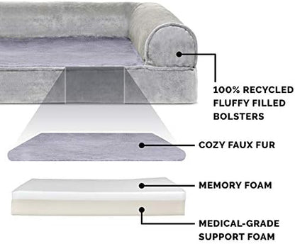 Furhaven Memory Foam Dog Bed for Medium/Small Dogs w/ Removable Bolsters & Washable Cover, For Dogs Up to 35 lbs - Faux Fur & Velvet Sofa - Smoke Gray, Medium - Image 3