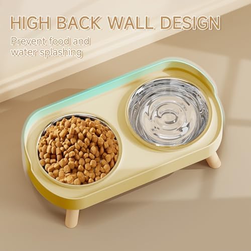 Elevated Cat Bowl, Raised Cat Food and Water Bowl Set for Indoor Cats, Splash Proof with 2 Stainless Steel Pet Food Bowls for Cats and Puppies, Whisker Fatigue and Dishwasher Safe - Yellow - Image 2
