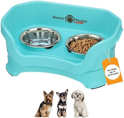 Neater Pet Brands Neater Feeder Deluxe Mess Proof Dog Bowls Elevated for Small Dogs Under 19 lbs, Made in USA, No Spill Raised Dog Food Bowl Stand Feeding Station, Food and Water Bowl Set, Aquamarine by NeaterPetBrands