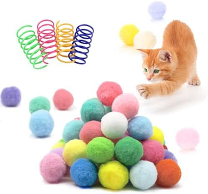 30 Pcs Premium Silent Cat Pom Pom Balls, Interactive Lightweight Assorted Colors Fuzzy Toy Balls (1.2 inches), with 4 Pcs Cat Spring Toy for Indoor Kitten Playing Exercising by BaiKevin