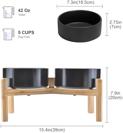 SPUNKYJUNKY Elevated Dog Bowls Ceramic, 7.3'' Dogs Food Water Bowls Raised with Non-Slip Bamboo Stand for Medium to Large Sized Breed Microwave Dishwasher Safe - 42 OZ,Black - Image 2