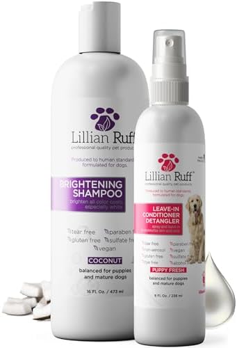 Lillian Ruff PRO Formula Ultra Brightening Dog Shampoo & Leave-in Conditioner Detangler Set - Professional Whitening, Stain Removal, Dematting, Detangling & Odor Control with Aloe & Provitamin B5 by LillianRuff