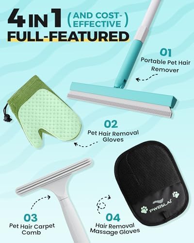 Carpet Rake for Pet Hair Removal Tool - 4 in 1 Pet Hair Remover Kit for Dog Cat Fur Remover, Contain 60" Adjustable Rubber Broom, Glove, Magic Brush and Scraper for Furniture (Blue) - Image 2