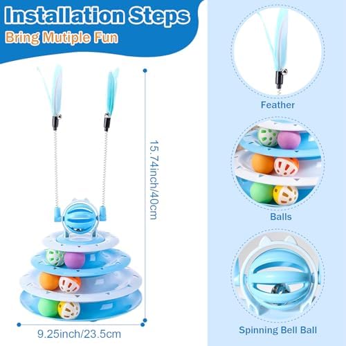 Cat Turntable Toy Ball - Interactive Kitten Toys & Toys for Indoor Cats with 6 Colorful Balls & 2 Cat Teaser Wands, Fun Mental & Physical Exercise Puzzle Plaything for Kitty Kitten to Play (Blue) - Image 5
