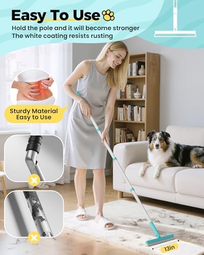 Carpet Rake for Pet Hair Removal Tool - 4 in 1 Pet Hair Remover Kit for Dog Cat Fur Remover, Contain 60" Adjustable Rubber Broom, Glove, Magic Brush and Scraper for Furniture (Blue) - Image 4