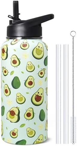 32oz Green Avocado Stainless Insulated Aater Water Bottle with Straw,Green Avocado Gym Hiking Sports Coffee Mug Cup Water Bottles,Avocado Themed Gifts for Women,Avocado Decor Stuff Accessories by Unknown