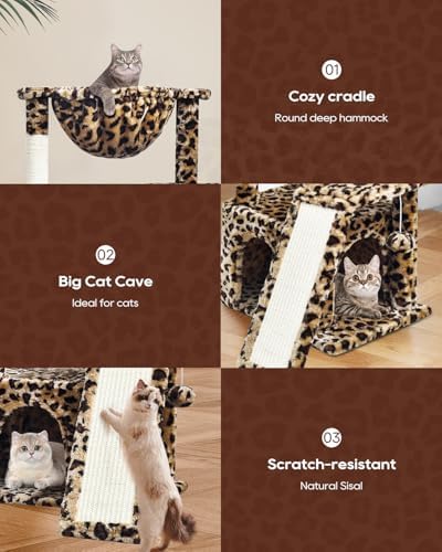 SYANDLVY Leopard Print Cat Tree for Indoor Cats, Small Cat Tower with Scratching Post & Board, Modern Activity House Condo with Cradle, Hanging Ball for Play, Kittens Cave - Image 2