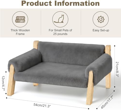 FAMIDGE Elevated Cat Couch Bed for Indoor Cats - Wooden Pet Sofa with Removable Washable Thick Cover Raised Kitty Lounge Chair Suitable for Puppy or Small Animals(Cat Sofa Light Grey) - Image 2
