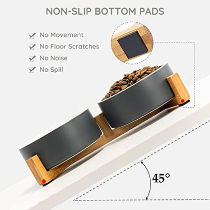 SPUNKYJUNKY Ceramic Dog and Cat Bowl Set with Wooden Stand, Modern Cute Weighted Food Water Set for Small Size Dogs (13.5OZ) & Medium Sized Dogs (28.7OZ) & Cats (1.7 Cups, 2 × White-Gray) - Image 6