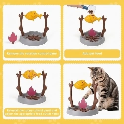 Cat Slow Feeder, Interactive Cat Puzzle Toy Treat Dispenser - BBQ Campfire Grill Design, Adjustable Rotating Fish Flame Mental Stimulation Food Dispensing Toy for Indoor Cats Kittens-Fat Fish - Image 3