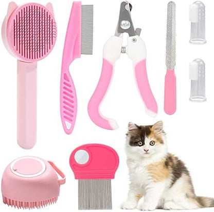 VCZONE 8 Pcs Cat Brush Grooming Kits, Pet Self Cleaning Kit with Pet Nail Clipper and File, Flea Comb, Pet Shampoo Bath Brush, Pet Shedding Brush, Silicone Toothbrush (Pink) by VCZONE