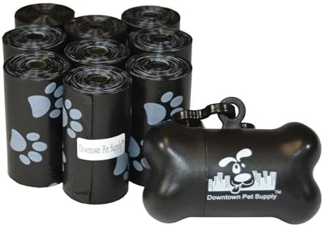 Downtown Pet Supply Poop Bags for Dogs with Dispenser, 180 Count - Leak-Proof Dog Waste Bags and Bone-Shaped Dog Poop Bags Holder for Leash - Black with Paw Prints, 12.5" x 8.5" by DowntownPetSupply