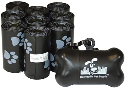 Downtown Pet Supply Poop Bags for Dogs with Dispenser, 180 Count - Leak-Proof Dog Waste Bags and Bone-Shaped Dog Poop Bags Holder for Leash - Black with Paw Prints, 12.5" x 8.5" by DowntownPetSupply