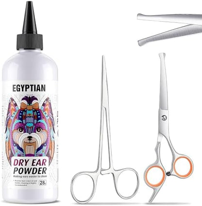 Dog Ear Hair Removal Tool Kit - Ear Powder, Safety Round Tip Scissors & Hemostat, Helps Reduce Wax & Odor, Grooming Kit for Schnauzers, Poodles & Breeds with Ear Hair, Calms Itchy Ears by Xhamuon