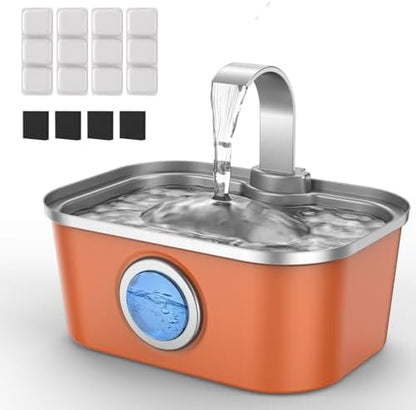 Bobo&Dragon Automatic Stainless Steel Water Fountain for Cat & Dog in Amber Orange 124oz/3.5L Quiet Faucet Flow Water Dispenser, Fresh Filtered Hydration, Easy Clean, Leak-Proof for Indoor Pets by BoboDragon