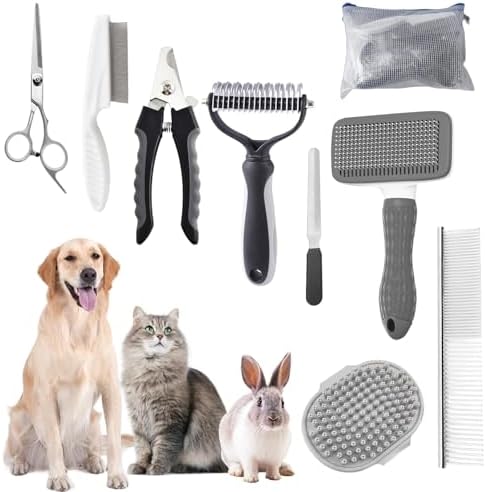 Dog Brush for Shedding,9 PCS in One Pet Slicker Hair Brush Kit with Pet Nail Clipper and File - Dog Cat Grooming Deshedding Undercoat Rake Brush Comb for All Small Large Dogs Cats Grey by KUEIOX