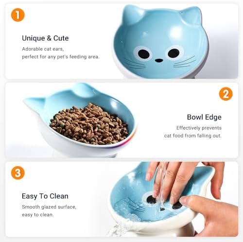 Raised Ceramic Cat Food Bowl - 15 Tilted, Spine Protection, Anti-Vomiting, Backflow Prevention for Adult Cats, Kittens, and Small Dogs (Blue Face) - Image 4