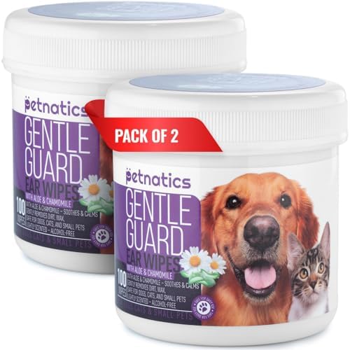 Gentle Guard Dog Ear Wipes with Aloe and Chamomile | Helps Remove Dirt & Wax Buildup | Dog Ear Cleaner Wipes | Alcohol-Free & Pet Safe | Pre-Soaked & Textured Pads | 100 Count 2 Pack by Petnatics