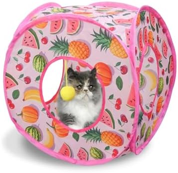 Andiker Small Cat Tents for Indoor Cats, Summer Fruit Patten 15" Foldable Cat Tube with 1 Plush Ball and 3 Holes Kitten Hide-and-Seek Toy to Relieve Boredom Also for Kitten Rabbits (Pink) by Andiker-ServingforYou