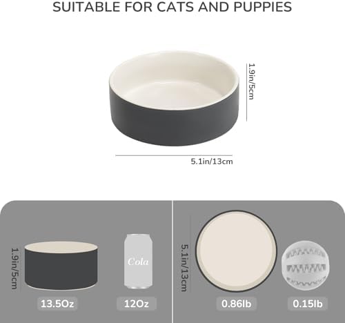 SPUNKYJUNKY 13.5OZ Ceramic Dog and Cat Bowl, Modern Cute Weighted Food Water Bowl for Replacement White-Grey (2 Pack) - Image 4