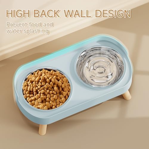 Elevated Cat Bowl, Raised Cat Food and Water Bowl Set for Indoor Cats, Splash Proof with 2 Stainless Steel Pet Food Bowls for Cats and Puppies, Whisker Fatigue and Dishwasher Safe - Blue - Image 2
