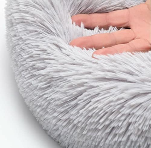 Original Calming Donut Dog and Cat Bed in Shag Fur, Dog Beds for Melium Dogs, Anti Anxiety Round Fluffy Plush Faux Fur Pet Bed, Light Grey, 27.6'' x 27.6''