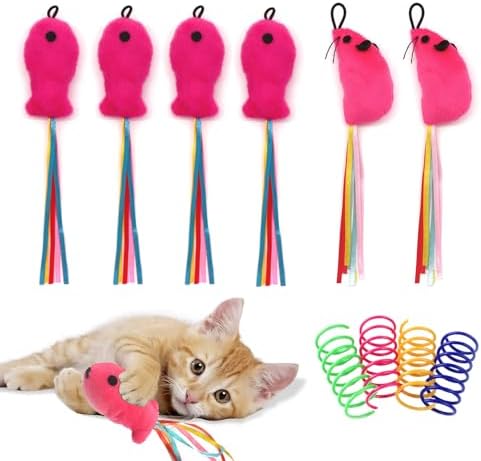 6 Pcs Fish and Mice Catnip Toys Plush Filled, Premium Cat Wand Toy Accessories with Ribbons, Interactive Catnip Toys for Indoor Cats Kitten Exercise, with 4 Pcs Cat Springs by BaiKevin