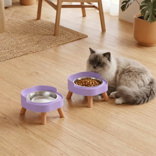 Elevated Cat Bowls, 2P Raised Cat Food and Water Bowl Set for Indoor Cats, Splash Proof with 2 Stainless Steel Food Bowls for Cats ＆ Puppies, Whisker Friendly and Dishwasher Safe - Purple - Image 7
