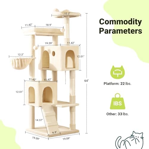 Allewie 64 Inches Multi-Level Cat Tree Tower for Indoor Cats, Beige - Image 3