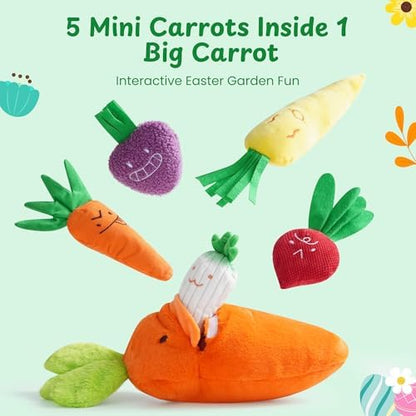 Nocciola Carrot Dog Toys – Easter Squeaky Toys-in-Toys: 5 Small Carrots Inside a Large Plush Carrot with Squeaker & Crinkle Sounds for Small, Medium, Large Breeds, Spring Pet Gifts - Image 2