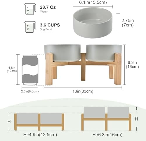 SPUNKYJUNKY Elevated Dog Bowls Ceramic, 6.1'' Dogs and Cat Food Water Bowls Raised with Non-Slip Bamboo Stand for Medium Sized Breed Microwave Dishwasher Safe - 28.7 OZ,Grey - Image 2