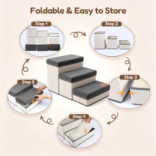 Foldable Pet Stairs & Steps for Bed with Hair Remover Tool - 3-Step Dog Steps for Bed/Couch/Windowsill/Car, Anti-Slip Foam Pet Stairs, Space-Saving Storage Design, Sturdy & Safe Indoor Pet Ramp - Image 5