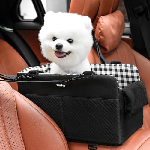 Console Dog Car Seat for Small Dogs Cats Up to 11lbs, Anti-Collapse Pet Armrest Booster Seat with Soft Pillow,Non-Slip Seat Rails Hooks & Safety Belt, Portable Car Accessories for Pets Travel by Becivi