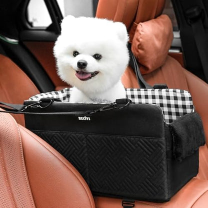 Console Dog Car Seat for Small Dogs Cats Up to 11lbs, Anti-Collapse Pet Armrest Booster Seat with Soft Pillow,Non-Slip Seat Rails Hooks & Safety Belt, Portable Car Accessories for Pets Travel by Becivi
