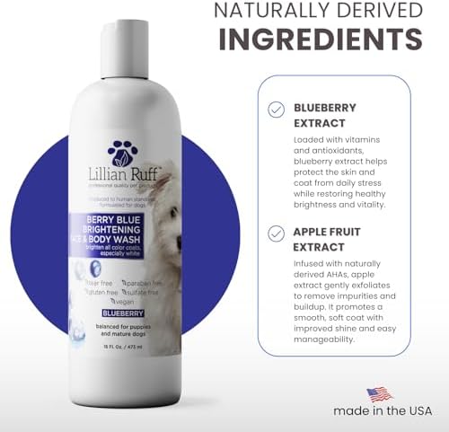 Lillian Ruff PRO Formula Berry Blue Brightening Pet Shampoo - Ultra-Hydrating Professional Whitening Dog Shampoo, Vivid Show-Quality Coat Enhancer, Tear Stain & Odor Eliminator With ProVitamin B5 16oz - Image 4